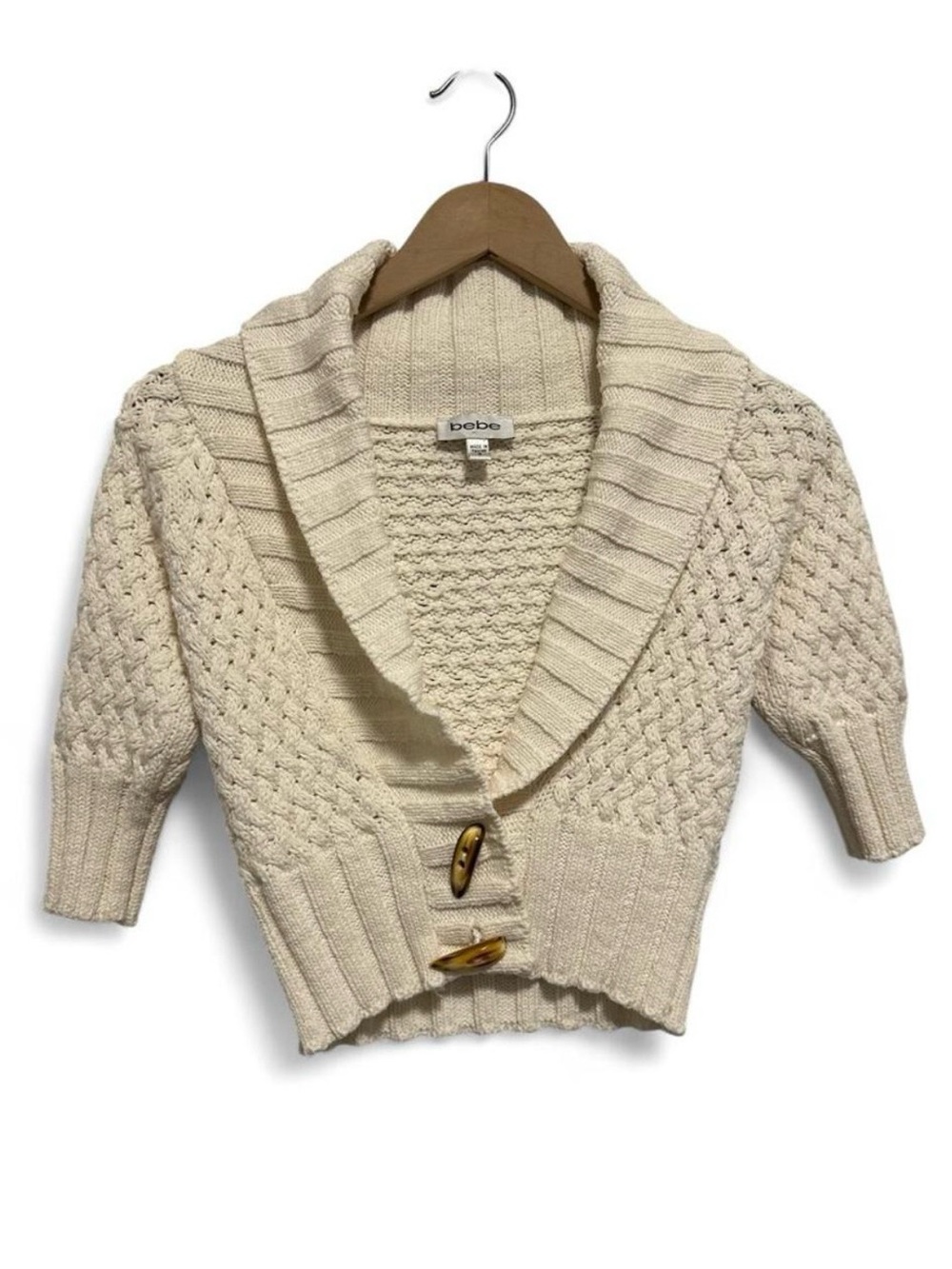 Women’s Vintage Y2K Bebe Cream Cropped Knit Ribbed Cardigan w Button Closure S